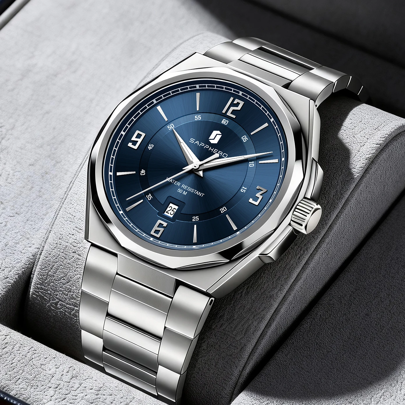 SAPPHERO Men's Quartz Watch Luxury Stainless Steel Strap 5ATM Waterproof Hardlex Crystal Elegant Business Dress Wristwatch Classic Fashion Casual Watch for Men Daily Wear Gift
