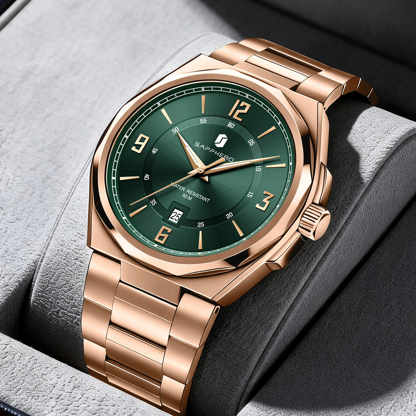 SAPPHERO Men's Quartz Watch Luxury Stainless Steel Strap 5ATM Waterproof Hardlex Crystal Elegant Business Dress Wristwatch Classic Fashion Casual Watch for Men Daily Wear Gift