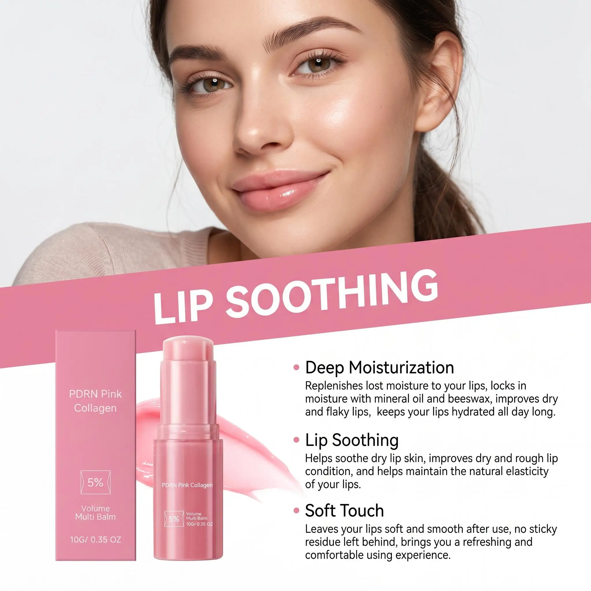 PDRN Pink Collagen Volume Lip Balm Plump Lips Fade Lip Lines Deep Hydrating Nourishing Repair Overnight Moisturizing Lip Care Stick