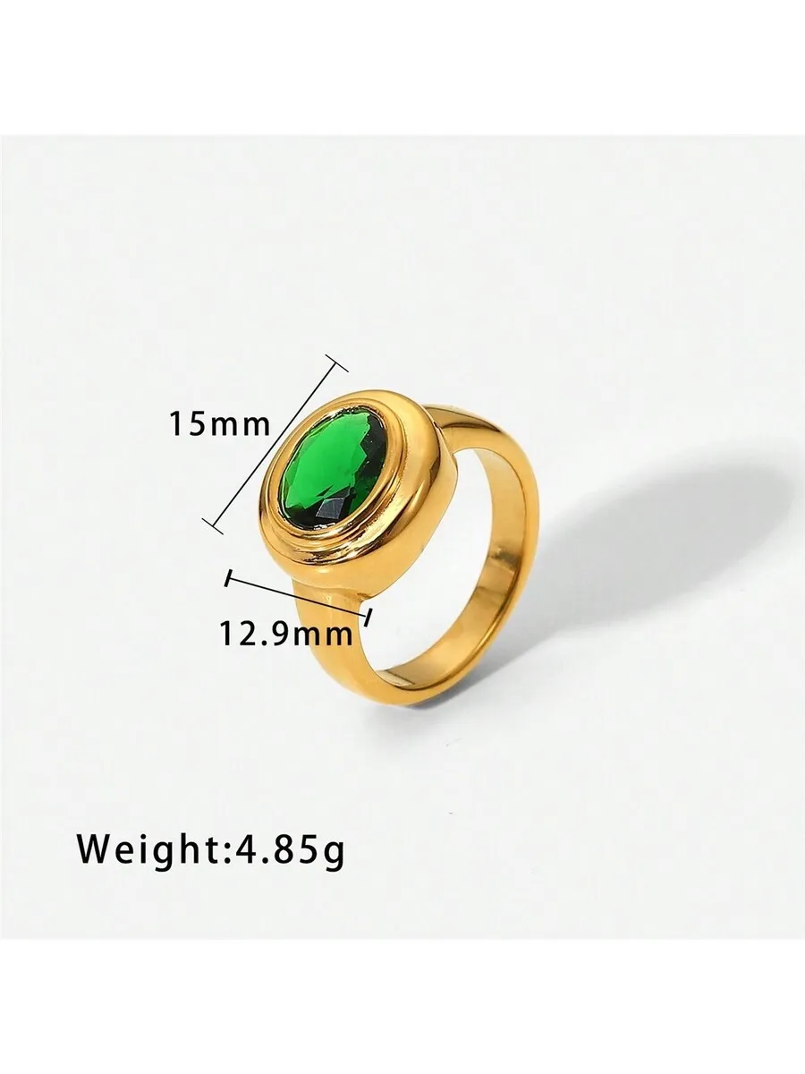 1pc Retro 18K Gold Plated Stainless Steel Zirconia Decor Single Ring, Suitable For Women Daily And Wedding Wear, Gift
