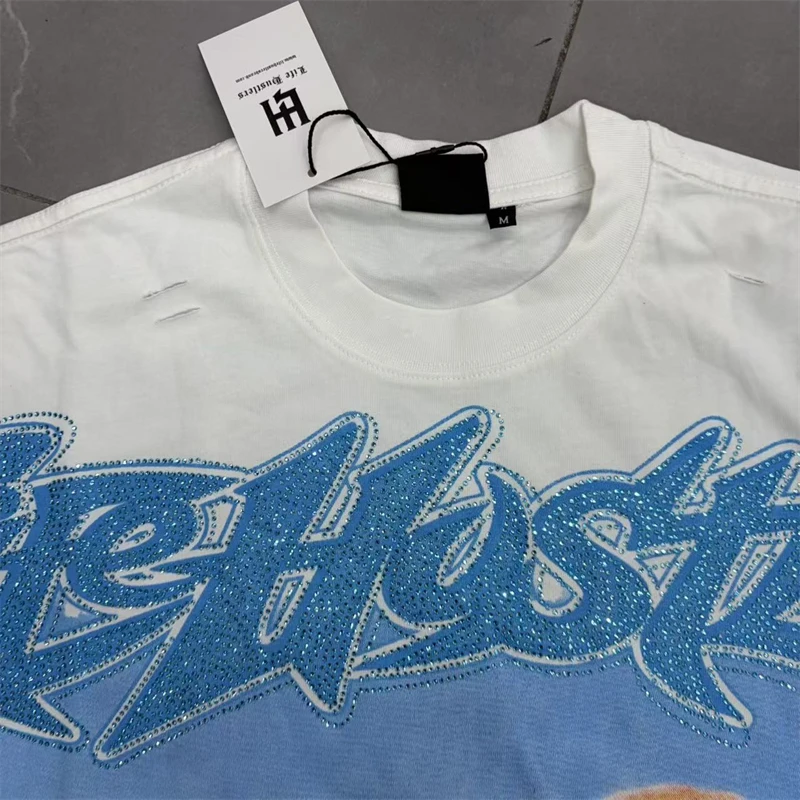 European American style Life Hustlers T-shirt Real Photo Original Label Street Pop Retro Loose Hot Diamond Short Sleeve Top Tee