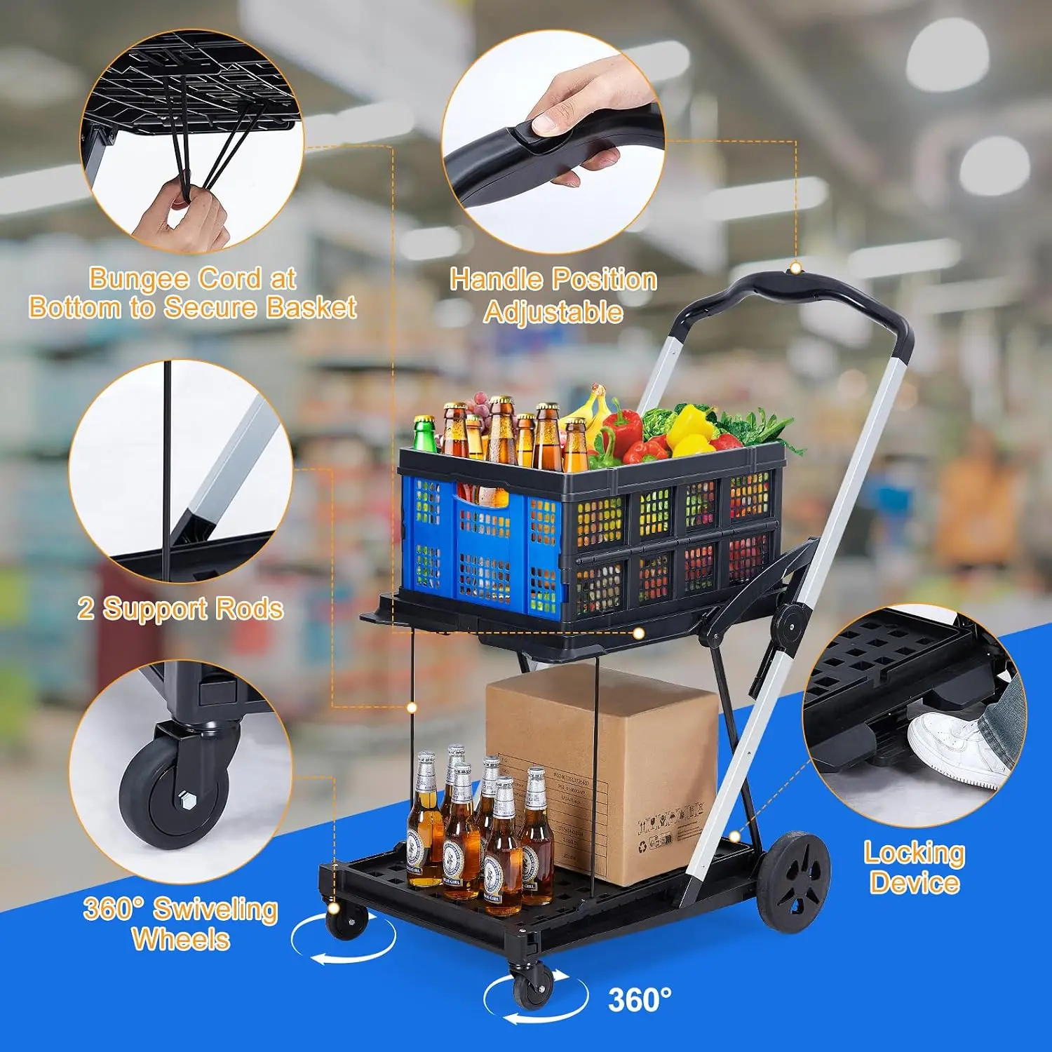 2‑Tier Collapsible Shopping Cart with Removable Crate and Rolling Wheels, Portable Utility Grocery Cart for Errands, Shopping, Warehouse and Home Storage