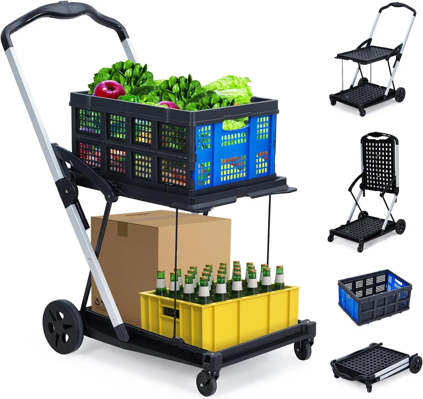 2‑Tier Collapsible Shopping Cart with Removable Crate and Rolling Wheels, Portable Utility Grocery Cart for Errands, Shopping, Warehouse and Home Storage