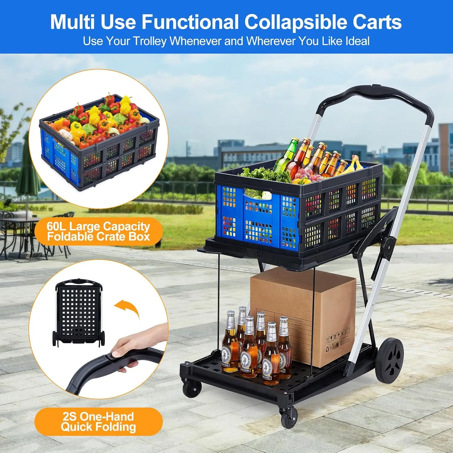 2‑Tier Collapsible Shopping Cart with Removable Crate and Rolling Wheels, Portable Utility Grocery Cart for Errands, Shopping, Warehouse and Home Storage