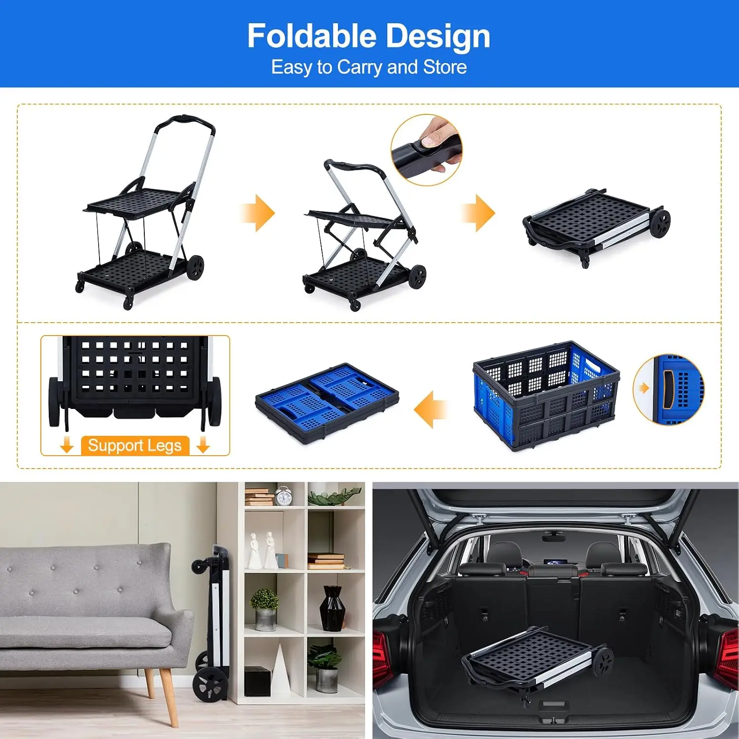 2‑Tier Collapsible Shopping Cart with Removable Crate and Rolling Wheels, Portable Utility Grocery Cart for Errands, Shopping, Warehouse and Home Storage
