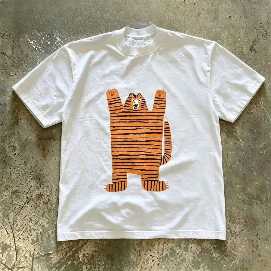 Cute Hand‑Drawn Standing Tiger Cartoon Graphic Print Unisex Oversized Relaxed Fit Heavyweight Pure Cotton Crew Neck Short Sleeve Couple Casual Everyday Wear Tee