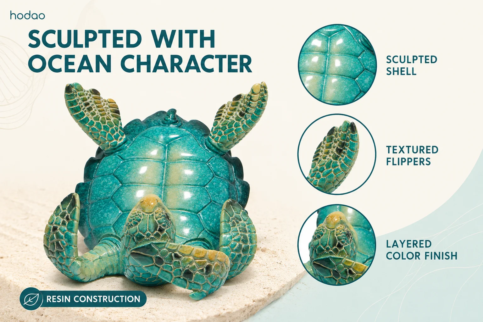 Hodao Resin Sea Turtle Figure Phone Holder, Cute Upside-Down Ocean Turtle Smartphone Stand with Glossy Teal Shell, Coastal Nautical Desk Decor for Home Office, Bedroom, Living Room, Shelf and Beach House, Marine Life Accent and Gift for Turtle Lovers