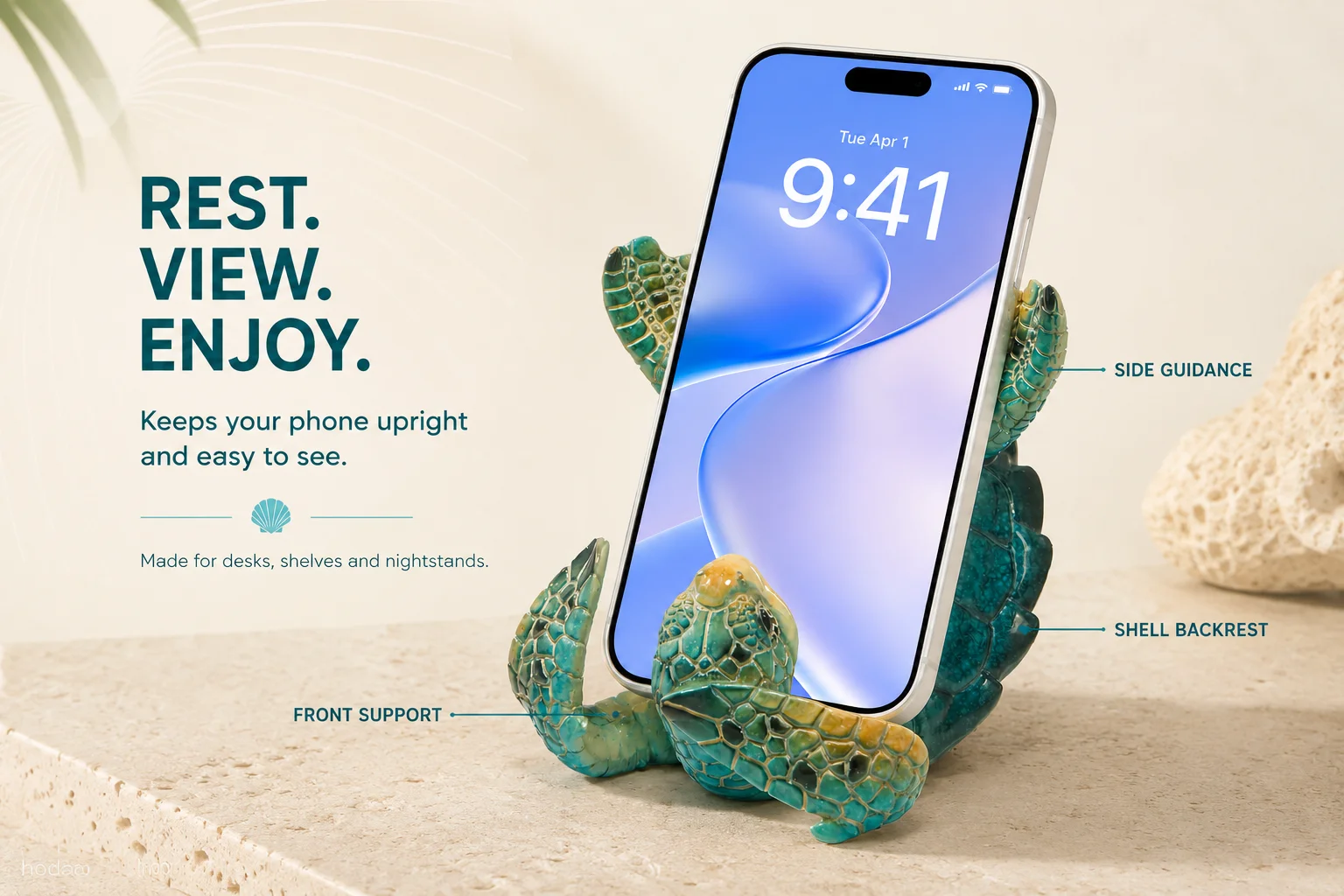 Hodao Resin Sea Turtle Figure Phone Holder, Cute Upside-Down Ocean Turtle Smartphone Stand with Glossy Teal Shell, Coastal Nautical Desk Decor for Home Office, Bedroom, Living Room, Shelf and Beach House, Marine Life Accent and Gift for Turtle Lovers