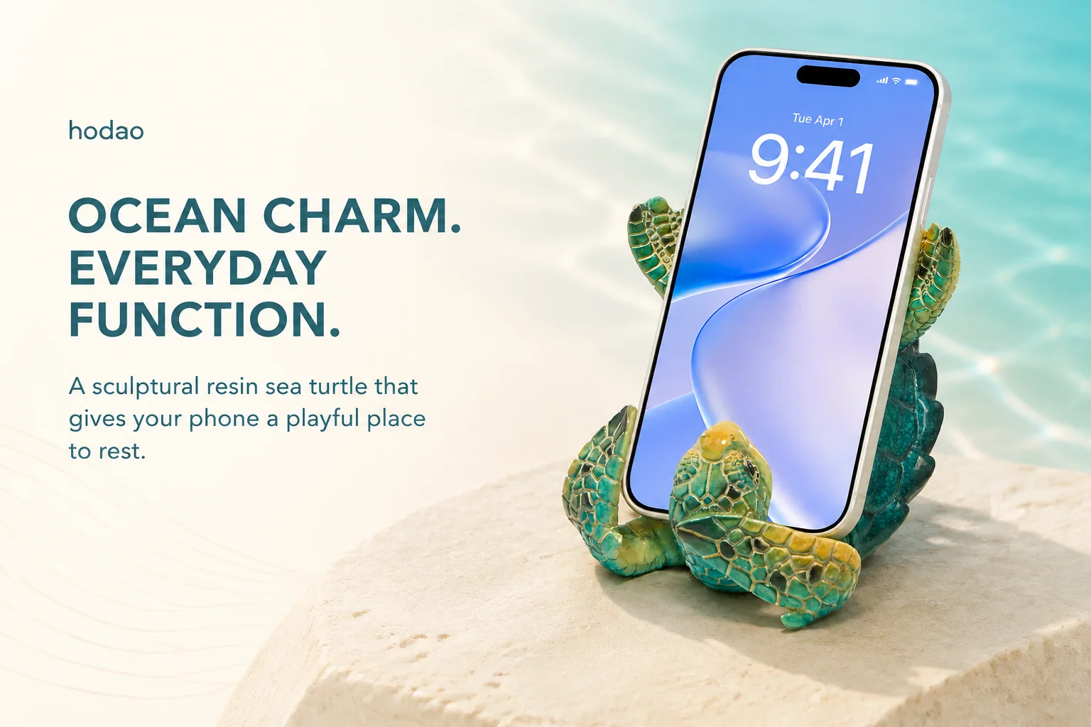 Hodao Resin Sea Turtle Figure Phone Holder, Cute Upside-Down Ocean Turtle Smartphone Stand with Glossy Teal Shell, Coastal Nautical Desk Decor for Home Office, Bedroom, Living Room, Shelf and Beach House, Marine Life Accent and Gift for Turtle Lovers