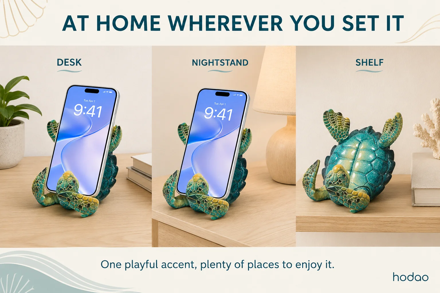 Hodao Resin Sea Turtle Figure Phone Holder, Cute Upside-Down Ocean Turtle Smartphone Stand with Glossy Teal Shell, Coastal Nautical Desk Decor for Home Office, Bedroom, Living Room, Shelf and Beach House, Marine Life Accent and Gift for Turtle Lovers
