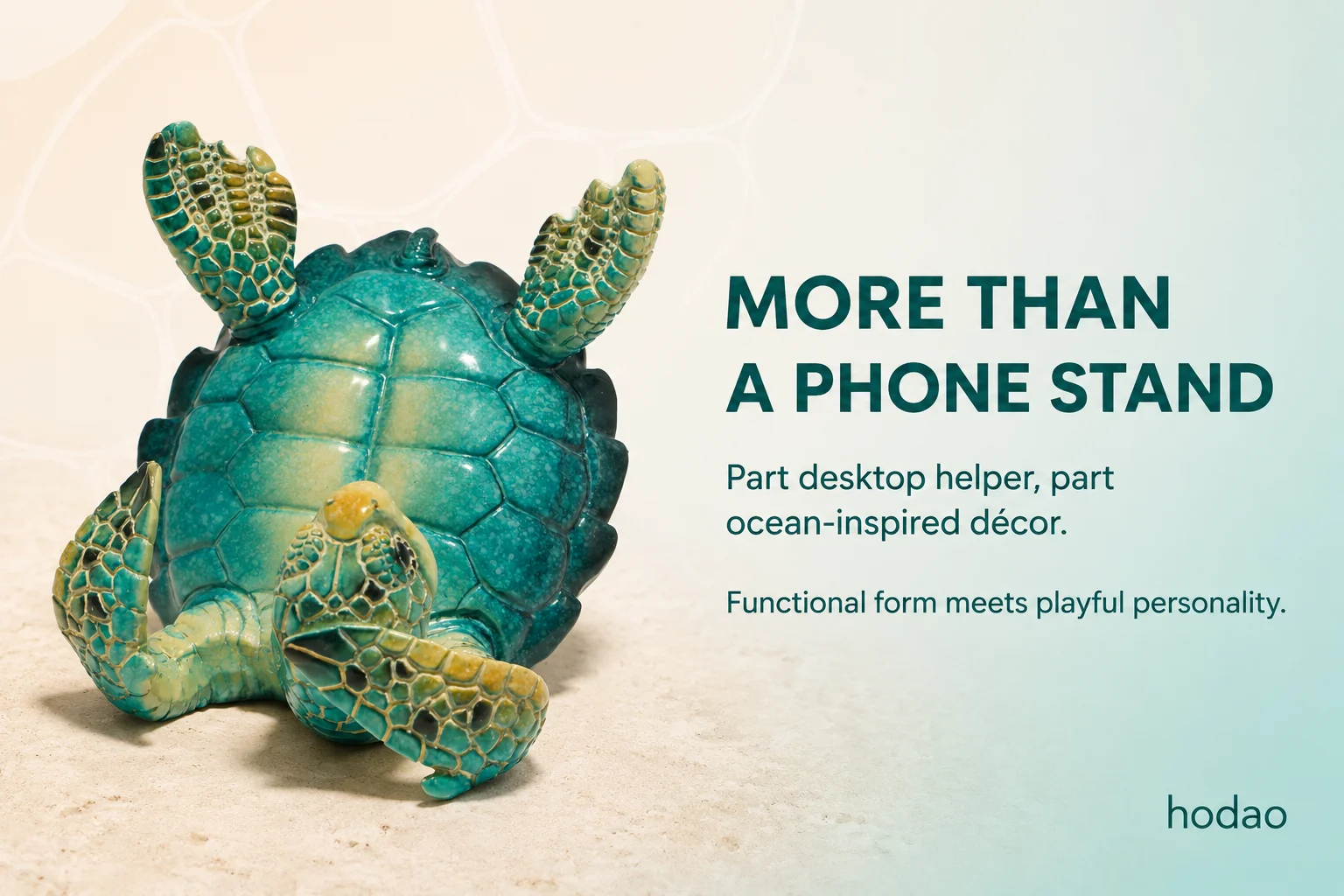 Hodao Resin Sea Turtle Figure Phone Holder, Cute Upside-Down Ocean Turtle Smartphone Stand with Glossy Teal Shell, Coastal Nautical Desk Decor for Home Office, Bedroom, Living Room, Shelf and Beach House, Marine Life Accent and Gift for Turtle Lovers