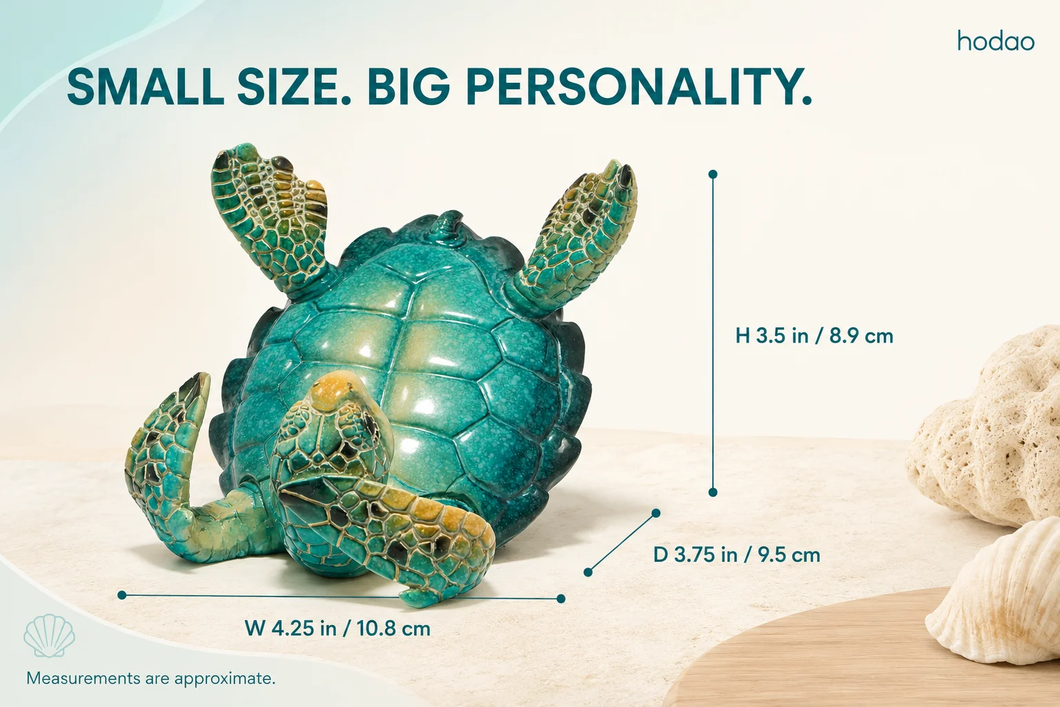 Hodao Resin Sea Turtle Figure Phone Holder, Cute Upside-Down Ocean Turtle Smartphone Stand with Glossy Teal Shell, Coastal Nautical Desk Decor for Home Office, Bedroom, Living Room, Shelf and Beach House, Marine Life Accent and Gift for Turtle Lovers