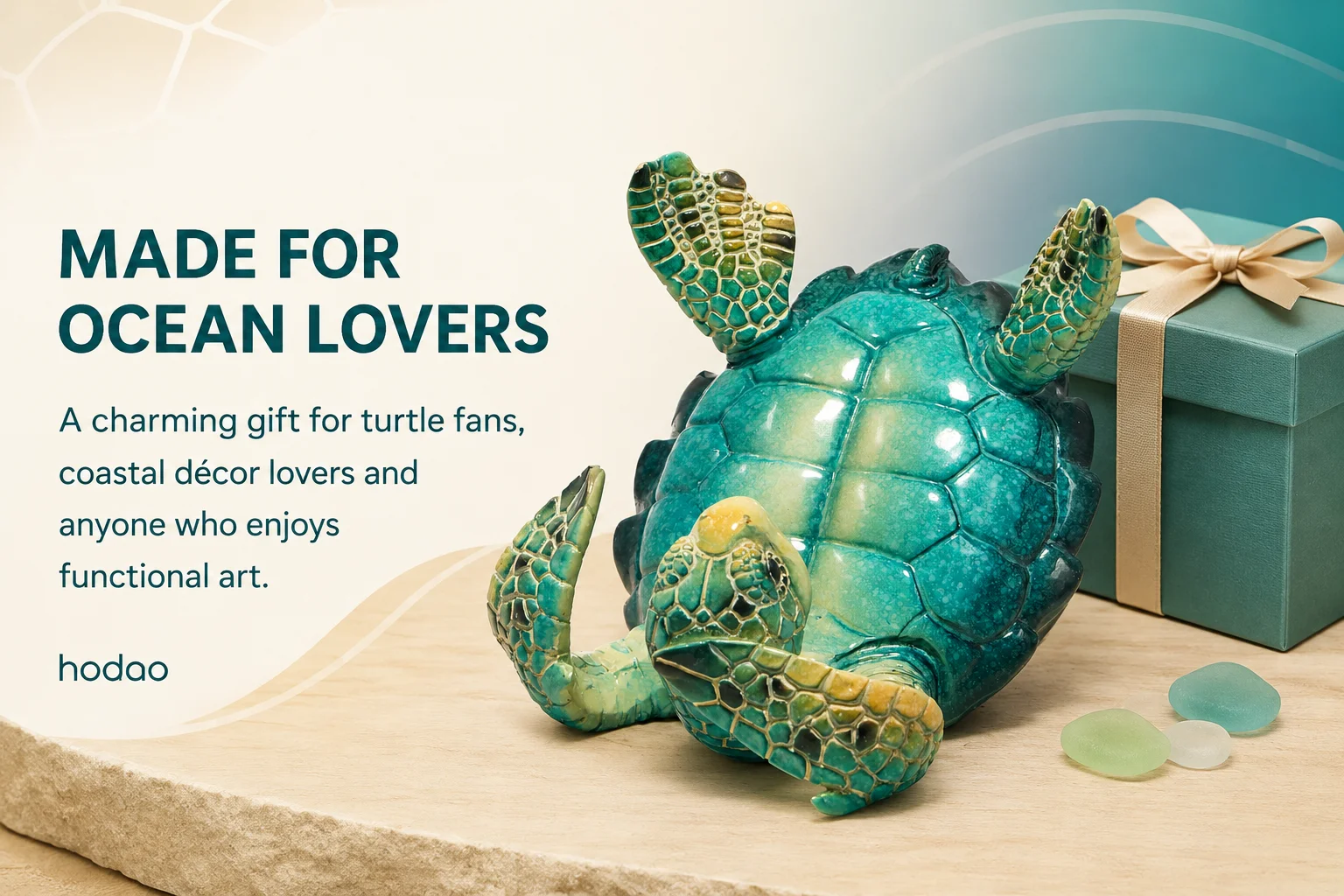Hodao Resin Sea Turtle Figure Phone Holder, Cute Upside-Down Ocean Turtle Smartphone Stand with Glossy Teal Shell, Coastal Nautical Desk Decor for Home Office, Bedroom, Living Room, Shelf and Beach House, Marine Life Accent and Gift for Turtle Lovers