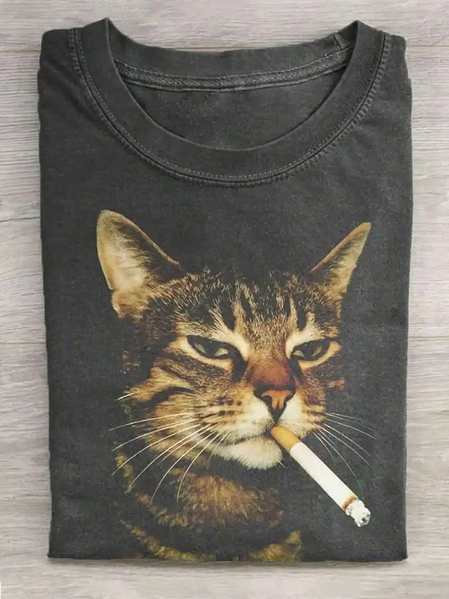 Unisex Washed Smoking‑Loving Cat Wax‑Printed Graphic Print Crew Neck Short Sleeve Retro Vintage High‑Quality Cotton Daily Wear Tee
