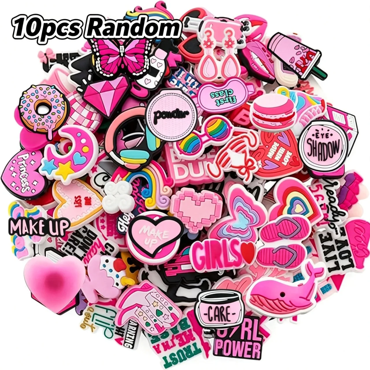 10/20/100/150 PCS Random Cute Pink Shoe Charms for Crocs Clogs Sandals, Cartoon PVC Shoe Decor Buckle Pins Girls Women Kids DIY Party Gifts