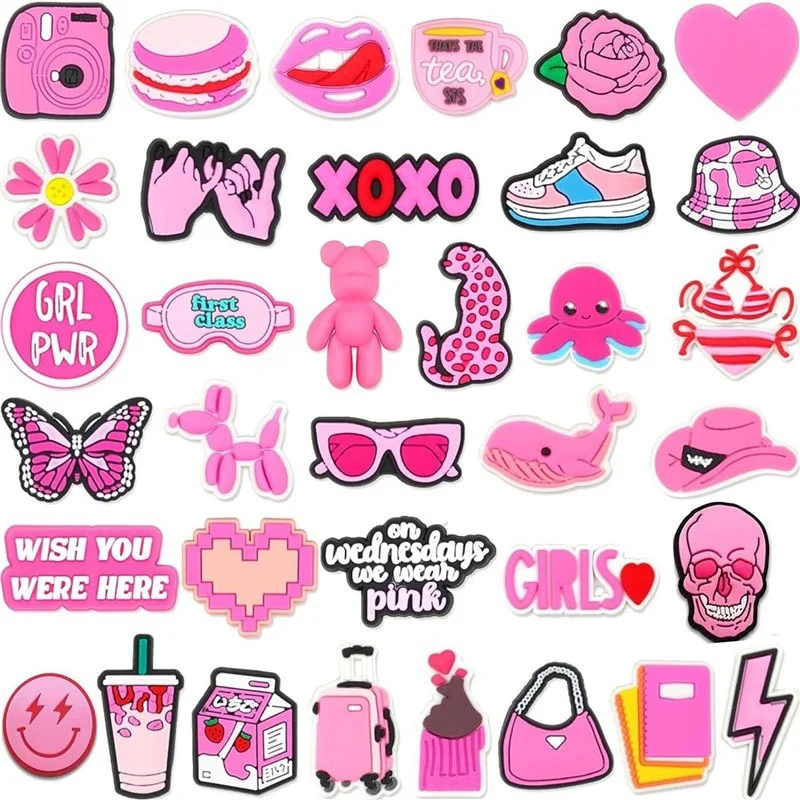 10/20/100/150 PCS Random Cute Pink Shoe Charms for Crocs Clogs Sandals, Cartoon PVC Shoe Decor Buckle Pins Girls Women Kids DIY Party Gifts