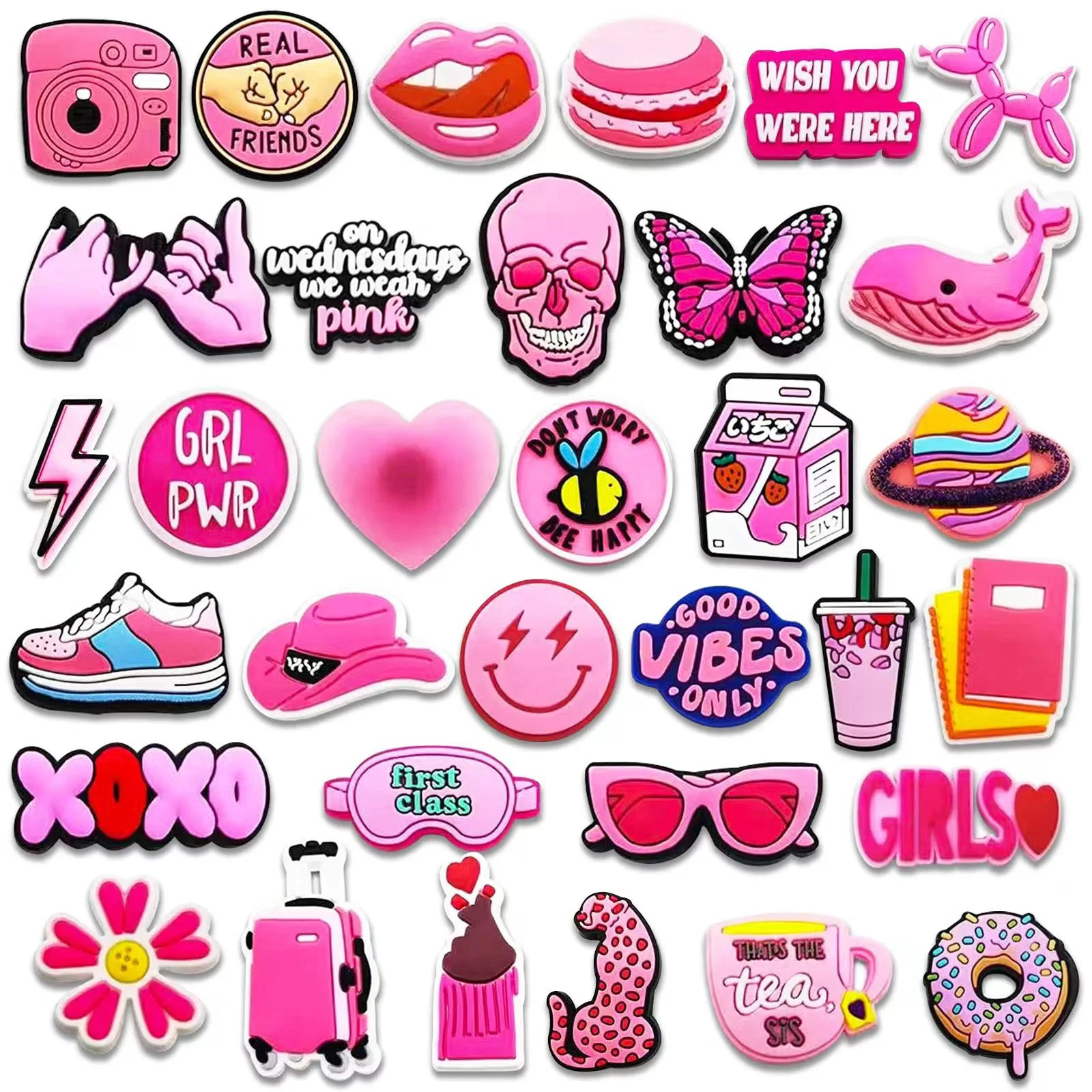 10/20/100/150 PCS Random Cute Pink Shoe Charms for Crocs Clogs Sandals, Cartoon PVC Shoe Decor Buckle Pins Girls Women Kids DIY Party Gifts