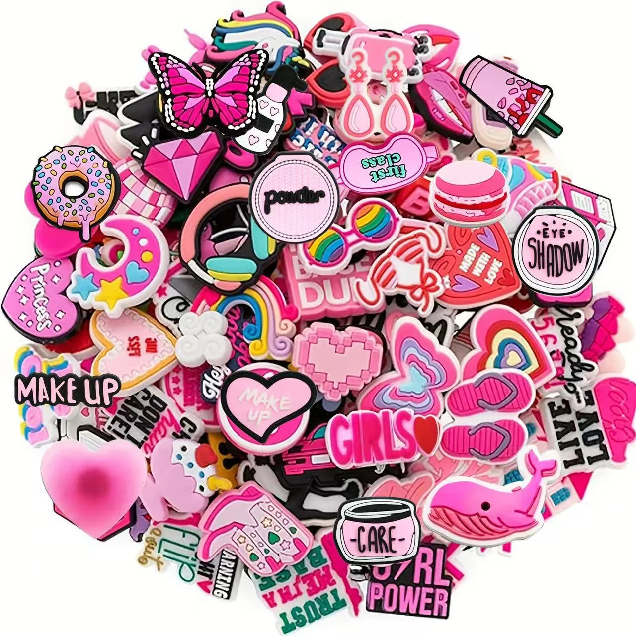 10/20/100/150 PCS Random Cute Pink Shoe Charms for Crocs Clogs Sandals, Cartoon PVC Shoe Decor Buckle Pins Girls Women Kids DIY Party Gifts