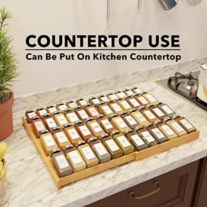 SpaceAid Bamboo Spice Drawer Organizer, (Need 3" Deep Drawer) Expandable 4 Tier Spices Rack for Cabinet, Kitchen Seasoning Storage Insert (Jars Not Included, From 12" to 23" Wide)