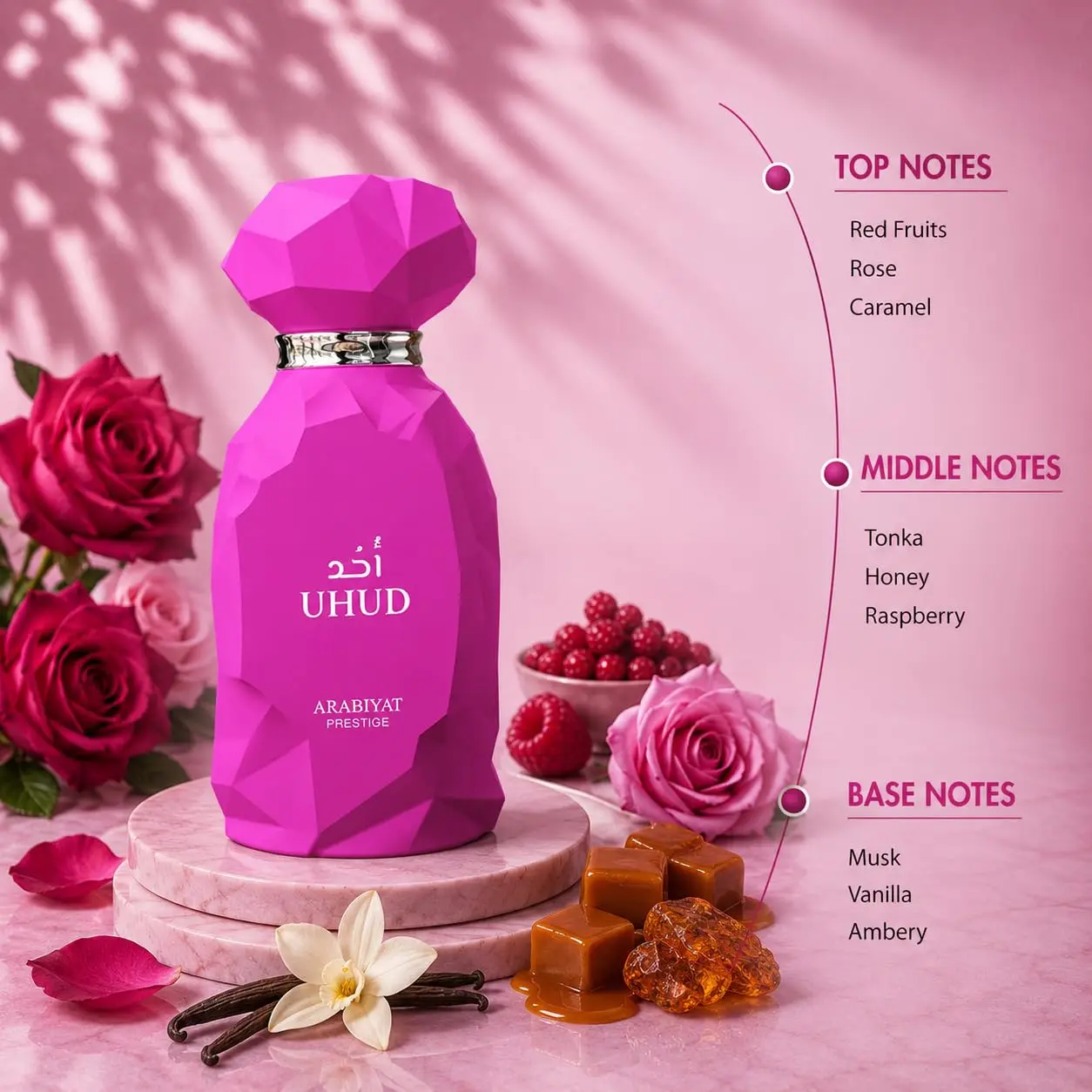 Arabiyat Prestige Uhud Eau De Parfum Spray for Women – Sweet Oriental Floral & Vanilla Gourmand Scent, Radiant Long-Lasting Sillage, Perfect Eid & Mother's Day Gift, 100 ml / 3.4 Fl oz