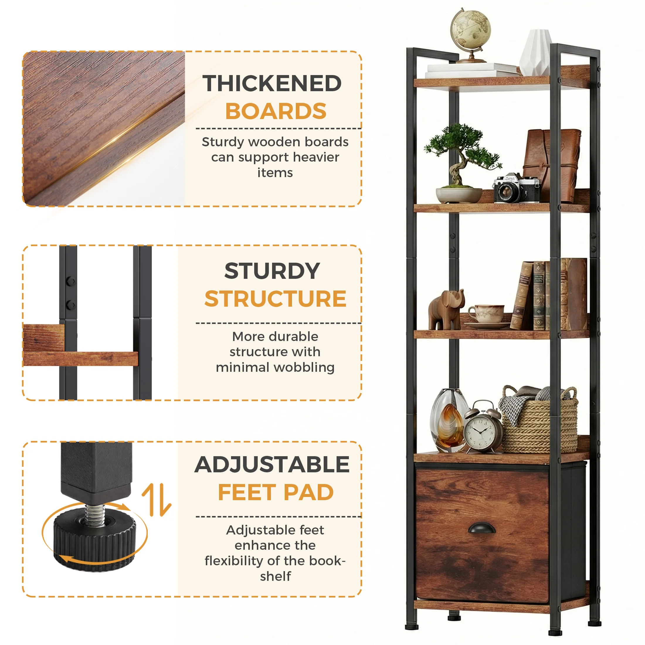 MCQ 5 Tiers Metal Classic Bookshelf with Fabric Drawer Freestanding Tall Display Shelf Storage Shelves Bookshelf Sturdy Structure Graduated Shelves for Home