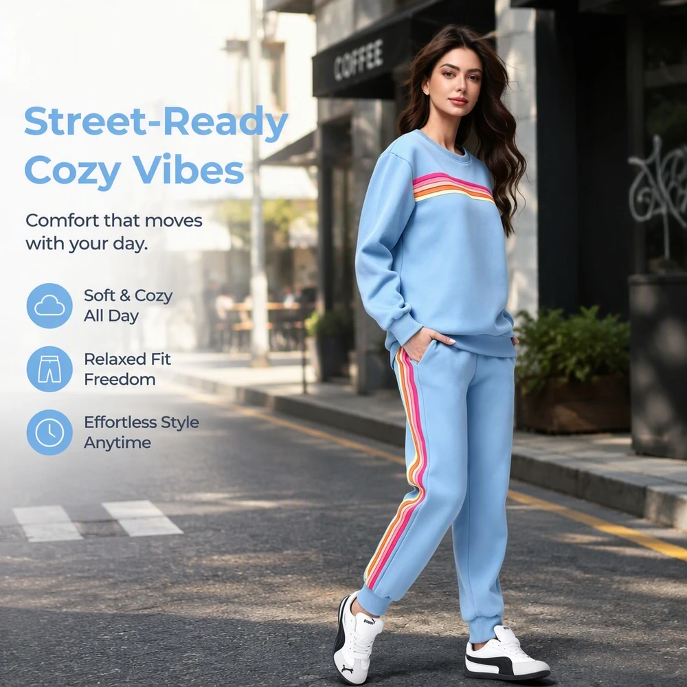 Women Warm Two Piece Retro Striped Tracksuit Set Cozy Oversized Round Neck Top And Sweatpants Joggers With Two Deep Side Pockets Relaxed Loose Fit For Fall Weekend Trips And Daily Casual Comfort Wear