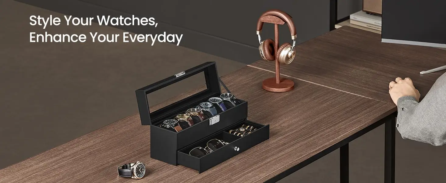 6-Slot Watch Box, Lockable with Glass Lid, 2 Layers Watch Case