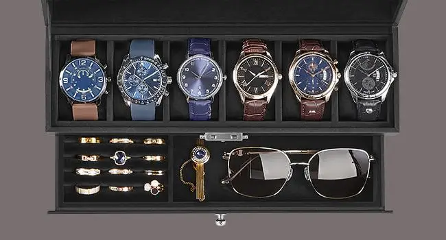 6-Slot Watch Box, Lockable with Glass Lid, 2 Layers Watch Case