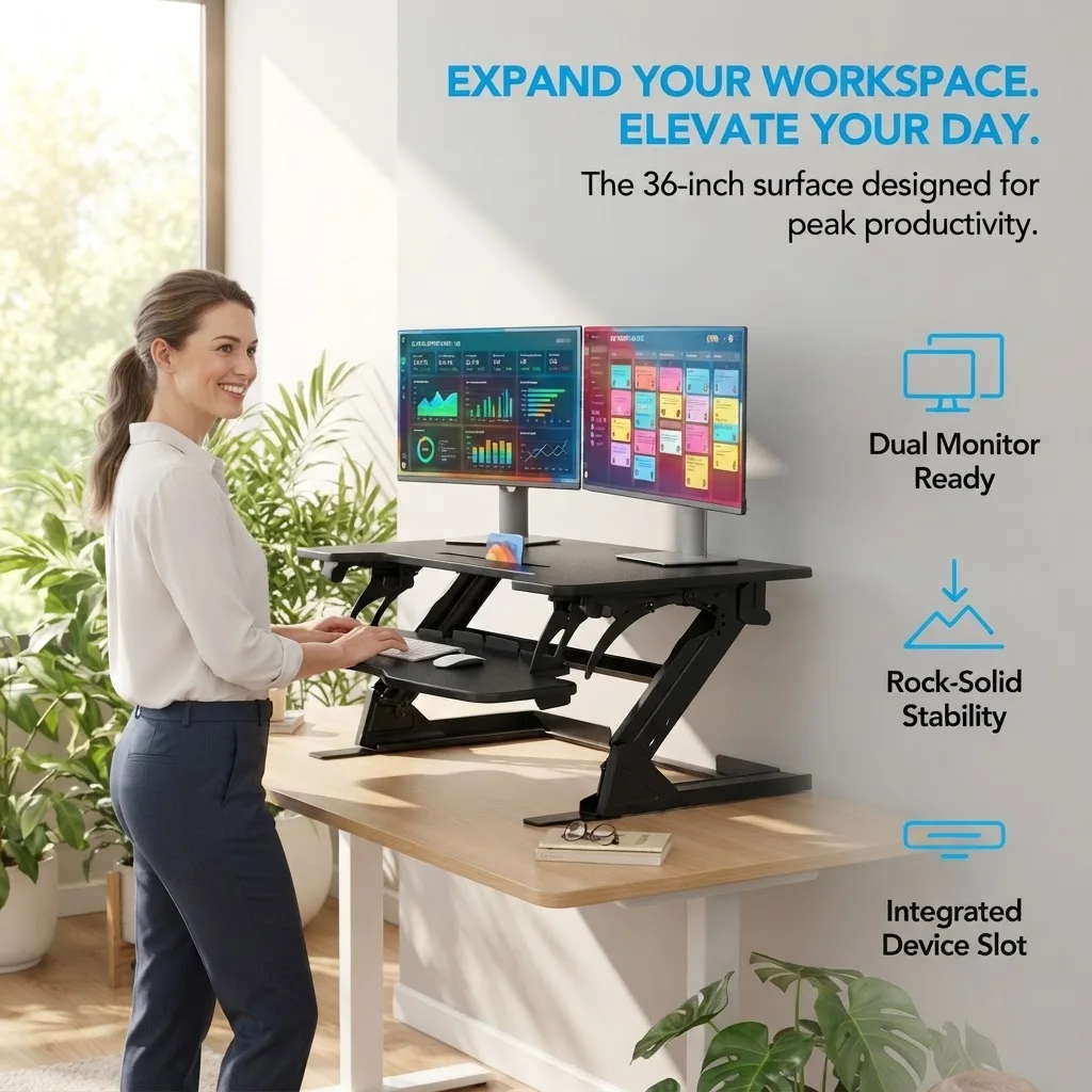 36" Z-Shaped Standing Desk Converter with Wide Keyboard Tray, Dual Monitor Fit, Height Adjustable Sit Stand Up Desk Riser, Dual Gas Lift, Stable Z-Steel Frame
