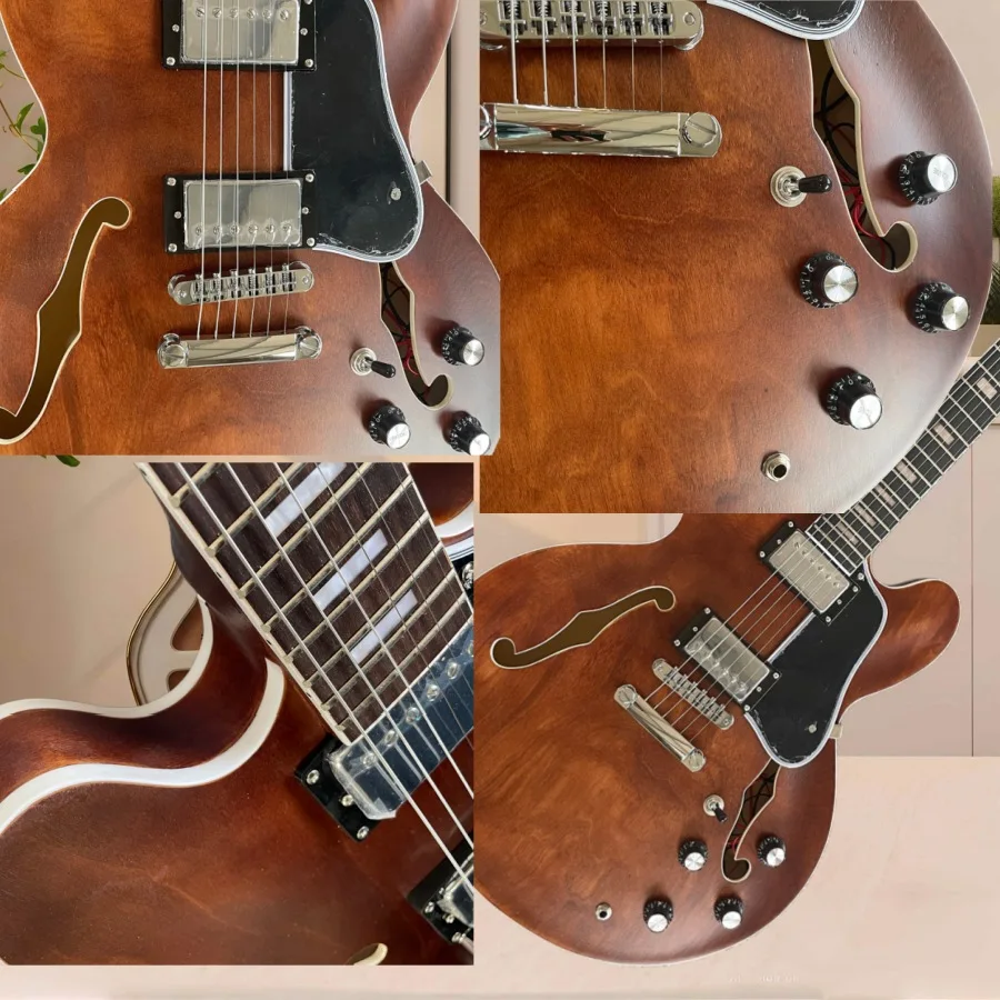 Professional Brown Electric Guitar Half Hollow Design Symmetrical Body 6-String Rock Jazz Style Suitable for Music Festival Performances
