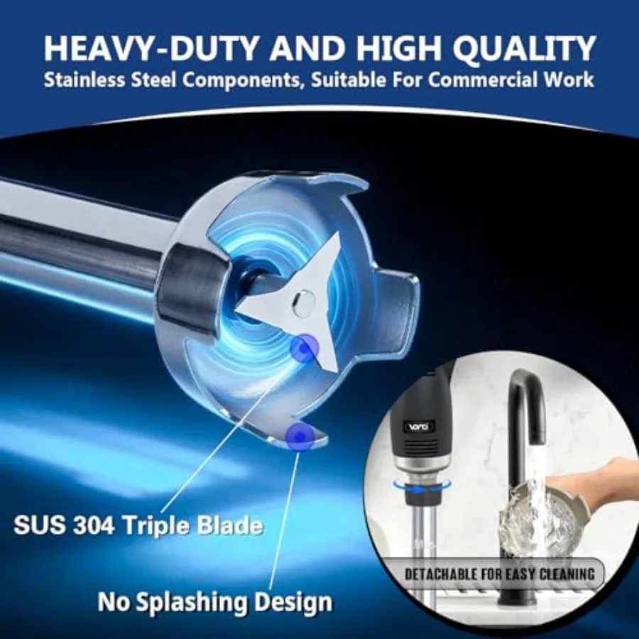 Commercial immersion blender for restaurant kitchen use, SUS 304 stainless steel shaft, silver, 500W power with variable speed