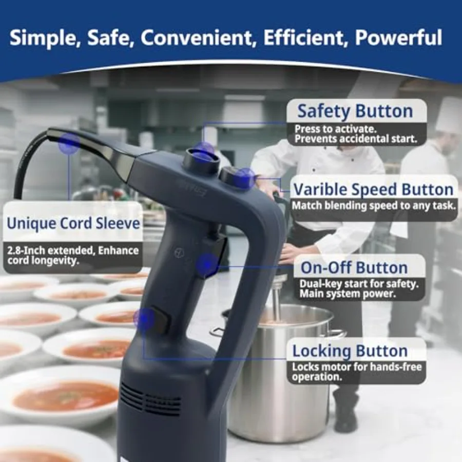 Commercial immersion blender for restaurant kitchen use, SUS 304 stainless steel shaft, silver, 500W power with variable speed