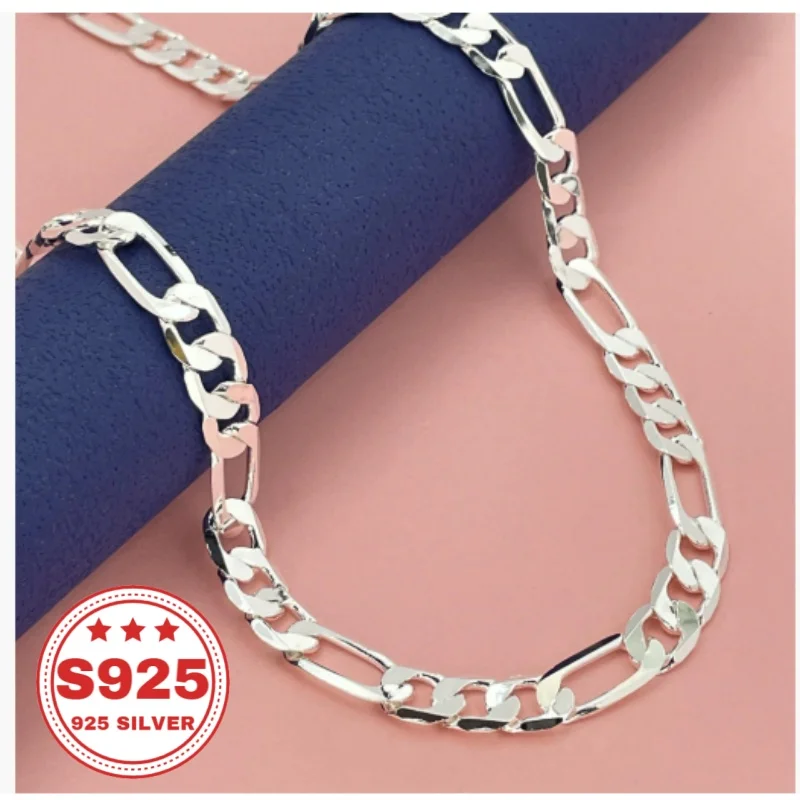 S925 Sterling Silver Figaro Chain, Classic and Stylish, 8mm Wide, Unisex, Perfect Gift for Lovers, Friends, or Fathers, Jewelry for Christmas, Holidays, or Anniversaries, 0.7 oz.