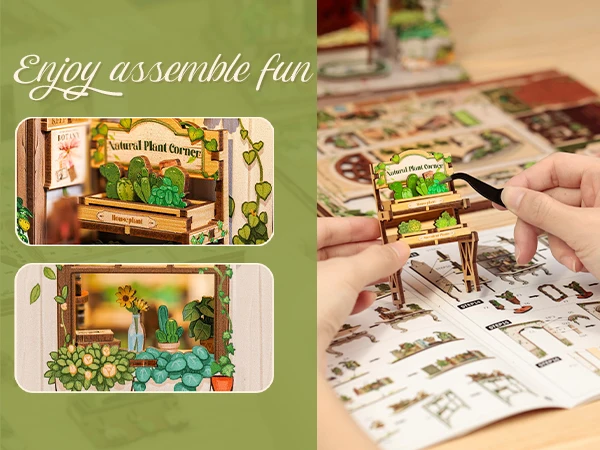 Original CUTEBEE 196pcs Green Life Bookshop Book Nook Kit - DIY Miniature House Dollhouse Kit for Adults Greenhouse Booknook Tiny House Bookshelf Decor 3D Wooden Puzzle DIY Craft Gifts LED Booknook for Adults and Teens Tiny House 3D Wooden Puzzle Home Toy
