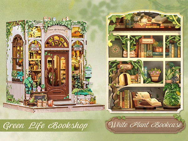 Original CUTEBEE 196pcs Green Life Bookshop Book Nook Kit - DIY Miniature House Dollhouse Kit for Adults Greenhouse Booknook Tiny House Bookshelf Decor 3D Wooden Puzzle DIY Craft Gifts LED Booknook for Adults and Teens Tiny House 3D Wooden Puzzle Home Toy