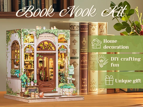 Original CUTEBEE 196pcs Green Life Bookshop Book Nook Kit - DIY Miniature House Dollhouse Kit for Adults Greenhouse Booknook Tiny House Bookshelf Decor 3D Wooden Puzzle DIY Craft Gifts LED Booknook for Adults and Teens Tiny House 3D Wooden Puzzle Home Toy