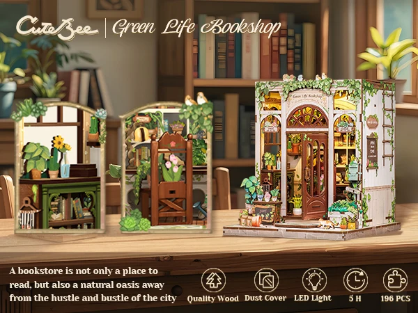 Original CUTEBEE 196pcs Green Life Bookshop Book Nook Kit - DIY Miniature House Dollhouse Kit for Adults Greenhouse Booknook Tiny House Bookshelf Decor 3D Wooden Puzzle DIY Craft Gifts LED Booknook for Adults and Teens Tiny House 3D Wooden Puzzle Home Toy