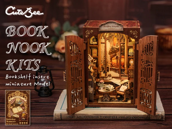 Original CUTEBEE 127pcs Bookshop Memories Book Nook Kit DIY Miniature House Dollhouse Bookstore Booknook Tiny House Bookshelf Decor Model Build DIY Craft Gifts for Adults and Teens book nook kits for adults tiny home doll house calico critters family se