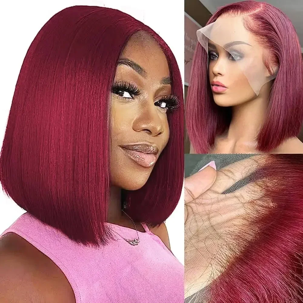 99J Burgundy Colored 200 Density Straight Short Bob Wig 13x4 HD Full Lace Front Human Hair Wigs For Women 8-14 Inch Remy Hair
