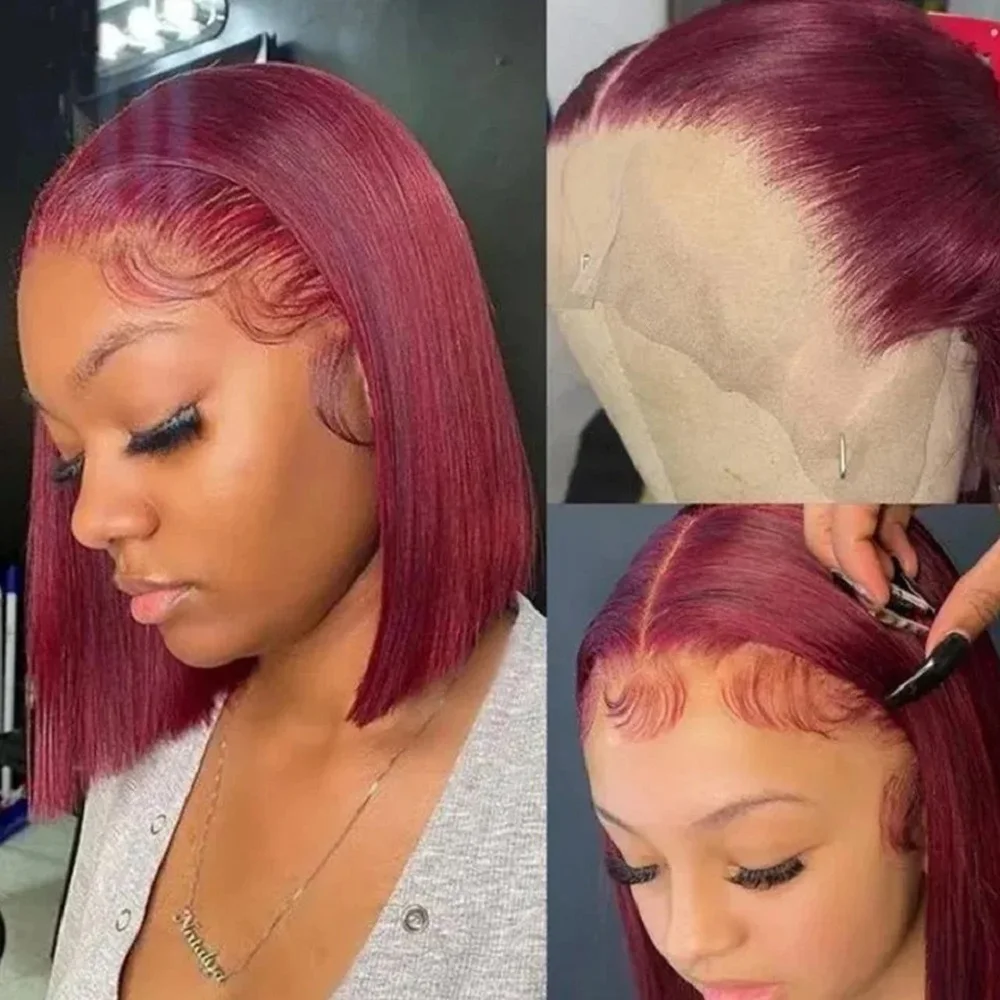 99J Burgundy Colored 200 Density Straight Short Bob Wig 13x4 HD Full Lace Front Human Hair Wigs For Women 8-14 Inch Remy Hair