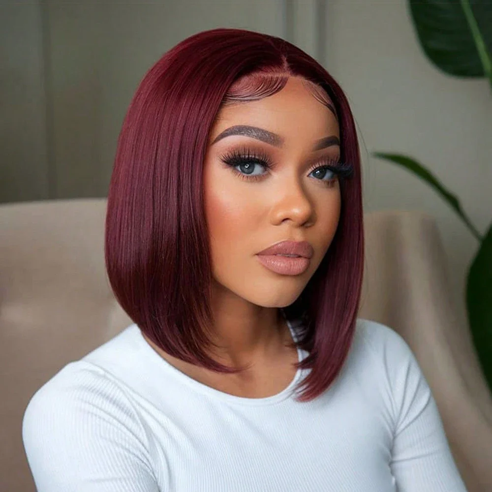 99J Burgundy Colored 200 Density Straight Short Bob Wig 13x4 HD Full Lace Front Human Hair Wigs For Women 8-14 Inch Remy Hair