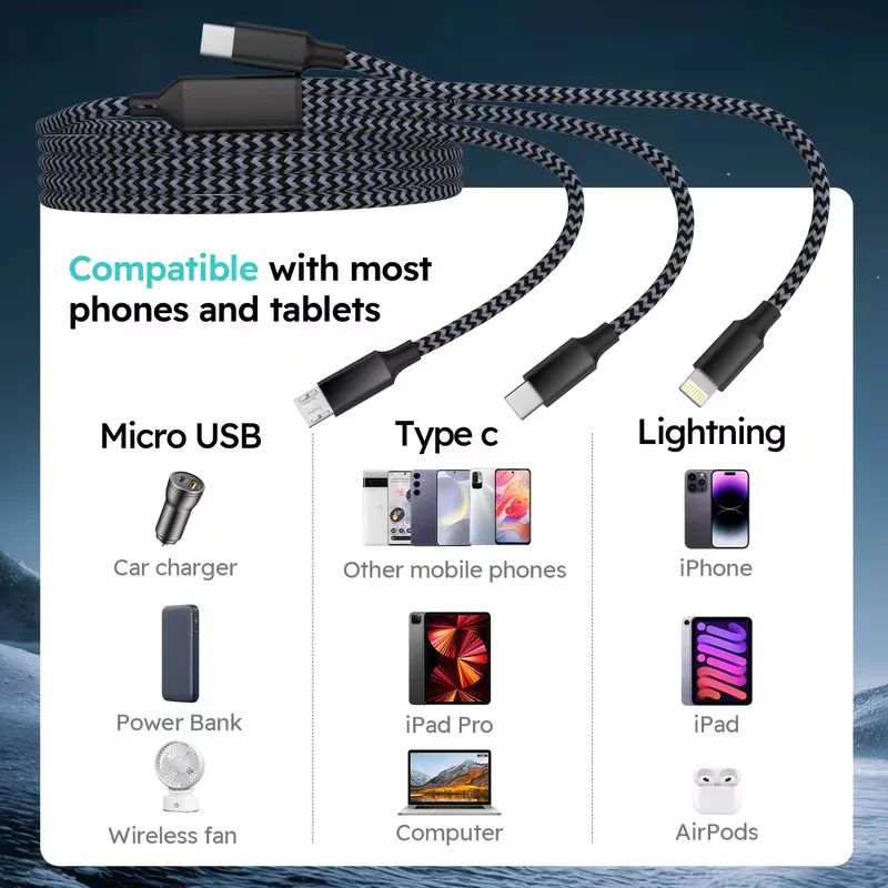 6PCS/8PCS 3 In 1 Fast Charging Cable USB C Cable 1.2M/4FT Nylon Braided Type C Charging With Type-C, Micro USB, IP Port For IPhone Samsung Huawei Xiaomi Multi Port Multiple Charging Wire
