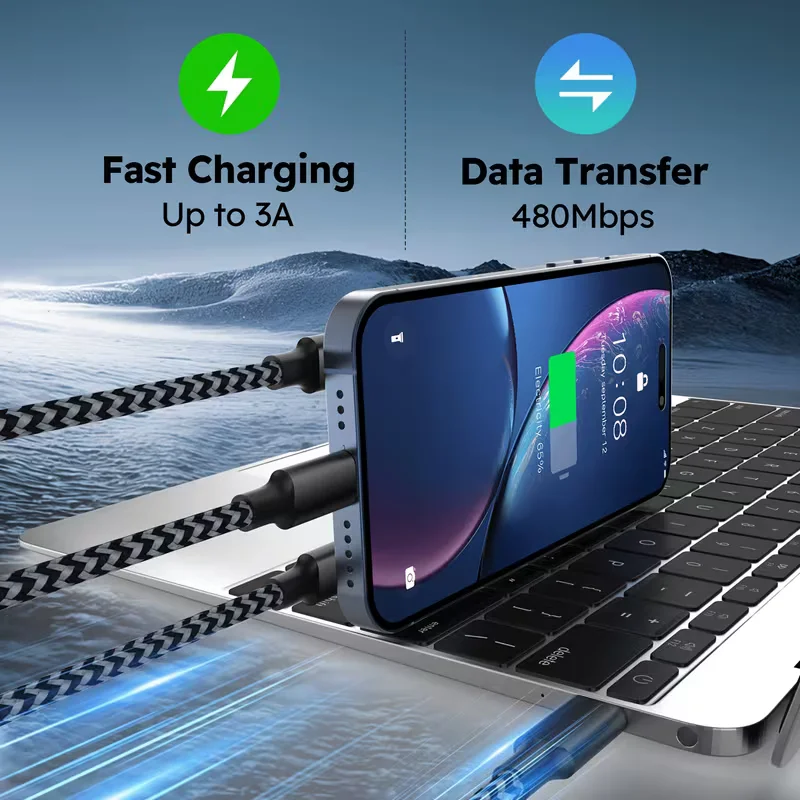 6PCS/8PCS 3 In 1 Fast Charging Cable USB C Cable 1.2M/4FT Nylon Braided Type C Charging With Type-C, Micro USB, IP Port For IPhone Samsung Huawei Xiaomi Multi Port Multiple Charging Wire