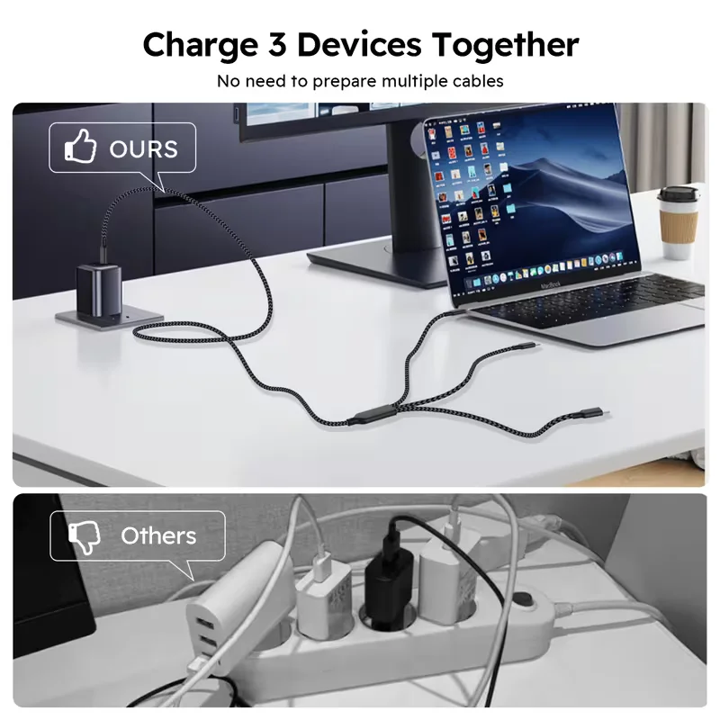 6PCS/8PCS 3 In 1 Fast Charging Cable USB C Cable 1.2M/4FT Nylon Braided Type C Charging With Type-C, Micro USB, IP Port For IPhone Samsung Huawei Xiaomi Multi Port Multiple Charging Wire