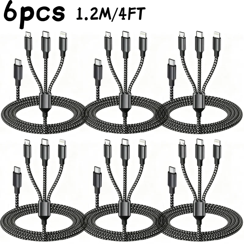 6PCS/8PCS 3 In 1 Fast Charging Cable USB C Cable 1.2M/4FT Nylon Braided Type C Charging With Type-C, Micro USB, IP Port For IPhone Samsung Huawei Xiaomi Multi Port Multiple Charging Wire