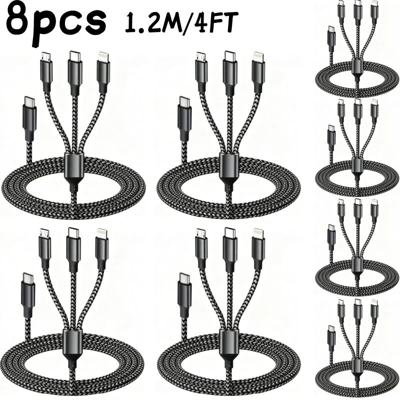 6PCS/8PCS 3 In 1 Fast Charging Cable USB C Cable 1.2M/4FT Nylon Braided Type C Charging With Type-C, Micro USB, IP Port For IPhone Samsung Huawei Xiaomi Multi Port Multiple Charging Wire