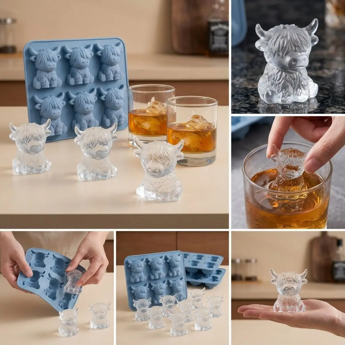 3D Highland Cow Ice Cube Mold Food Grade Silicone BPA Free Easy Release Ice Tray For Whiskey Cocktails Summer Bar Drinks Chocolate Making Kitchen Gadget