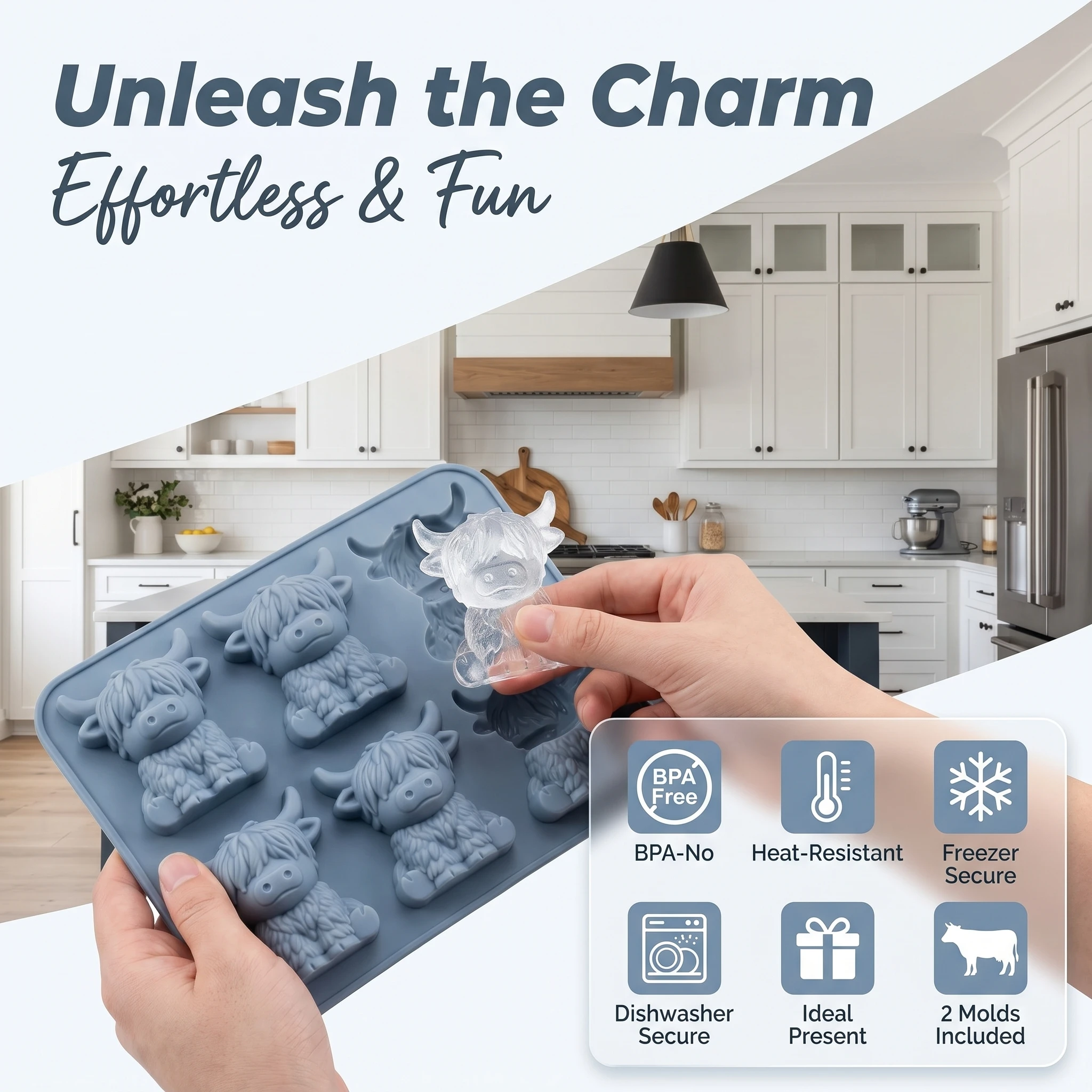 3D Highland Cow Ice Cube Mold Food Grade Silicone BPA Free Easy Release Ice Tray For Whiskey Cocktails Summer Bar Drinks Chocolate Making Kitchen Gadget