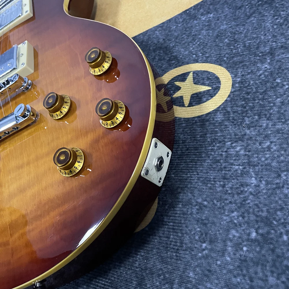 Clearance sale, no logo, brown electric guitar, yellow binding, flame maple top, solid wood, shipped from US warehouse, free shipping