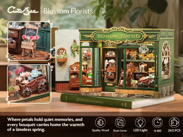 Original CUTEBEE 265pcs Blossom Florists Book Nook Kit DIY Miniature Flower House Dollhouse for Adults Booknook Tiny House Bookshelf Decor 3D Wooden Puzzle, DIY Craft Gifts for Family, Friends book nook kits for adults cute bee book nook kit
